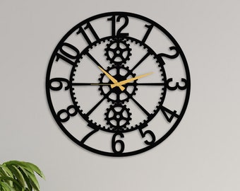 Mechanic Gears Metal Wall Clock with numbers, Decorative Silent Clock