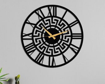 Reloj de pared de metal Meander - Hoja de hierro resistente - Patrón de llave griega, Arte de pared Meandros - Decoración de pared para sala de estar, Decoración medieval del hogar,