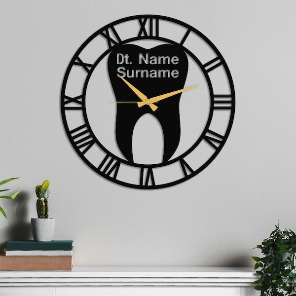 Horloge murale en métal pour dentiste, oeuvre d'art murale personnalisée, décoration de bureau de dentiste personnalisée, métal découpé au laser, horloge murale dentaire, enseigne pour cabinet de dentiste