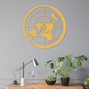 Décoration murale en métal doré terre plate - carte du monde azimutale - carte du monde en fer prête à accrocher - cadeau pour les habitants de la région plate
