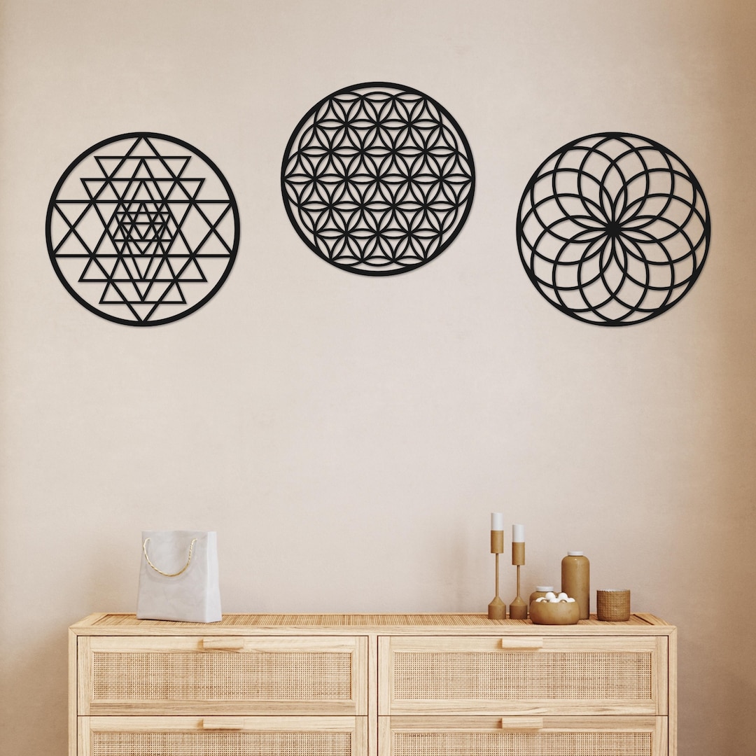 Sacred Geometry Metal Wall Art Set: Sri Yantra, Flower of Life, Torus ...