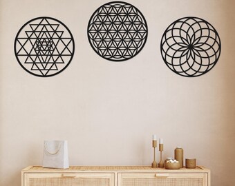 Sacred Geometry Metal Wall Art Set: Sri Yantra, Flower of Life, Torus