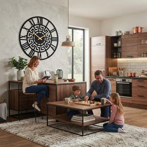 Large Meander metal wall clock featuring an ancient Greek key pattern, modern black steel wall art decor hanging above a family in a contemporary kitchen and living space.