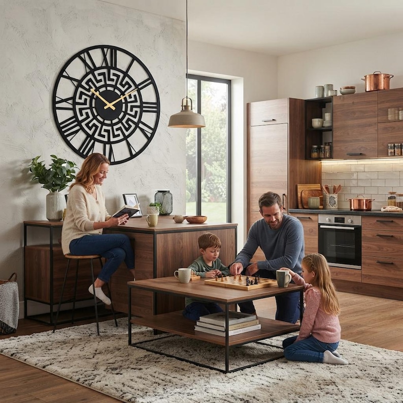 Large Meander metal wall clock featuring an ancient Greek key pattern, modern black steel wall art decor hanging above a family in a contemporary kitchen and living space.