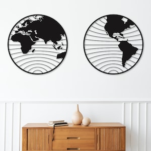 Arte mural de metal con mapa del mundo - Juego de 2 - Pintura mural de este y oeste - Mapa del mundo de metal con hemisferios - Decoración de pared con globo terráqueo - Regalo para la oficina
