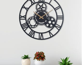 Cogwheel Wall Clock, Silent Metal Clock with Industrial Gears, Steampunk Large Decor, Office Decoration