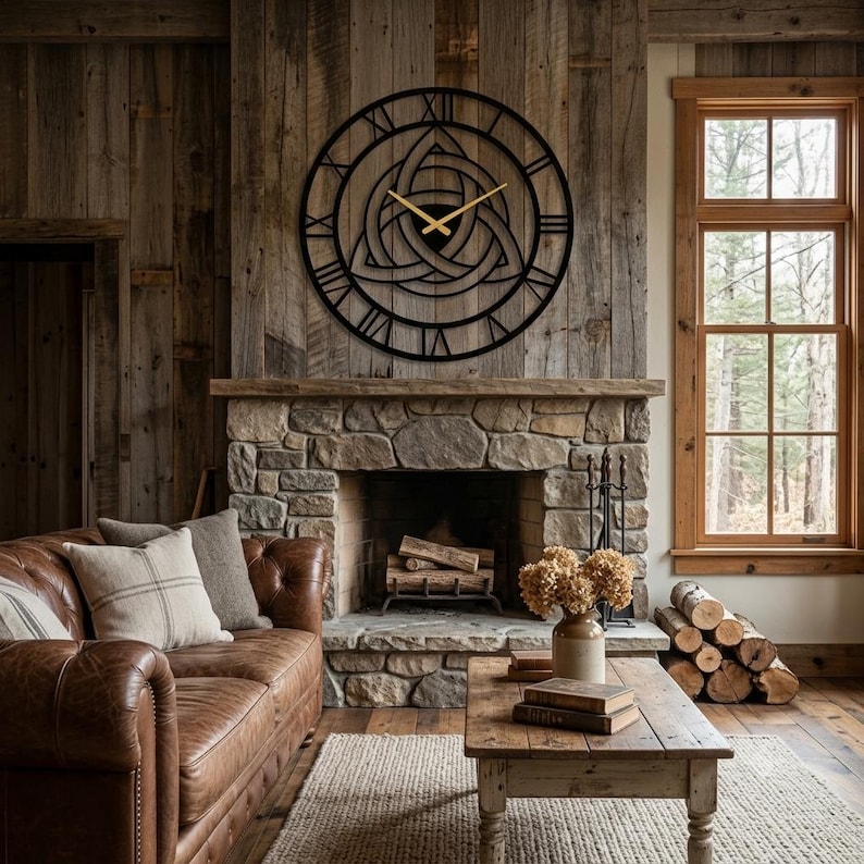 A large, black, laser-cut Metal Wall Clock with an intricate central Triquetra (Trinity Knot) design and distinctive Roman numerals is prominently displayed on a rustic wood-plank wall above a stone fireplace in a cozy cabin living room. This detailed piece of Modern Wall Art, masterfully created by Degary, serves as a striking centerpiece for a Nordic and Viking-inspired home.