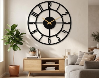 Large Metal Wall Clock | Modern Minimalist Decor | Oversized Silent Clock with Numbers | Housewarming Gift