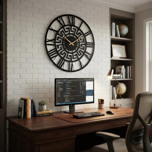 Large Meander metal wall clock featuring an ancient Greek key pattern, modern black steel wall art decor hanging on a white brick wall in a professional home office.