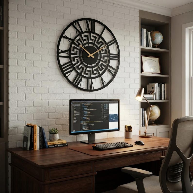 Large Meander metal wall clock featuring an ancient Greek key pattern, modern black steel wall art decor hanging on a white brick wall in a professional home office.