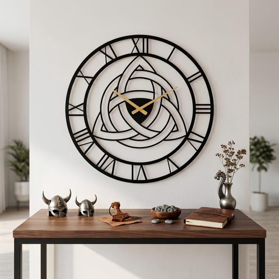 Triquetra Metal Wall Clock, Viking Decor Modern Wall Art, Trinity Knot Nordic Home Decoration