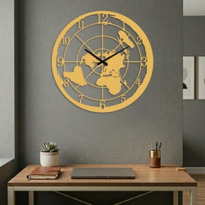 Gold Flat Earth Metal Wall Clock: Azimuthal World Map Decor, Gift for Flat Earthers
