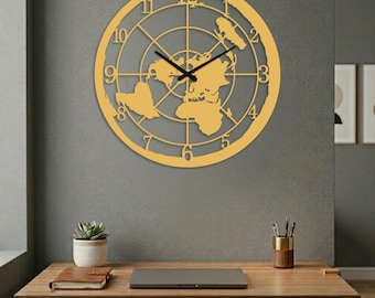 Gold Flat Earth Metal Wall Clock: Azimuthal World Map Decor, Gift for Flat Earthers