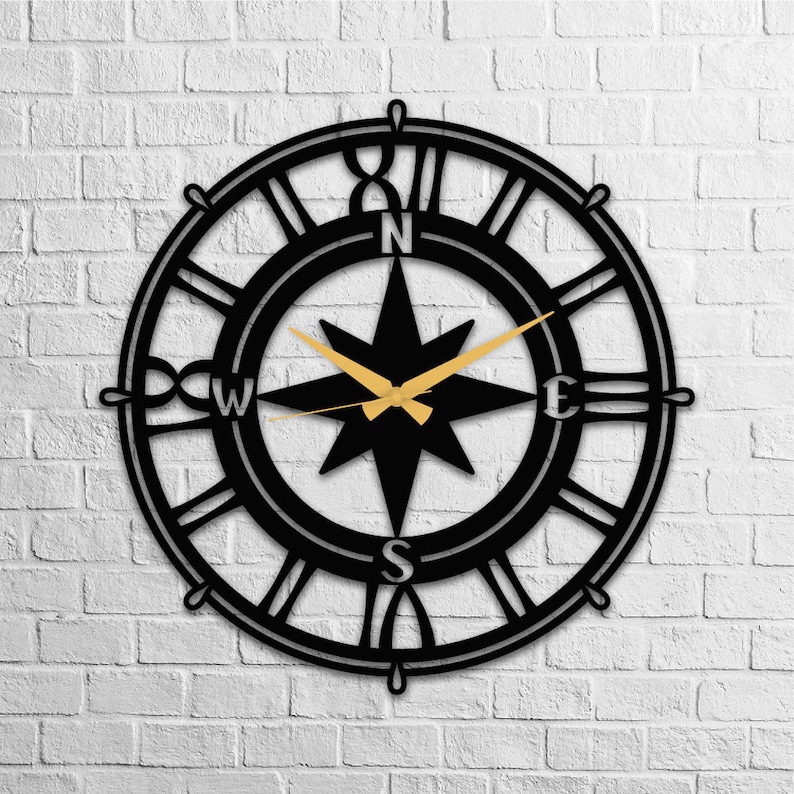 Compass Metal Wall Clock Laser Cut Metal Wall Art Home Etsy