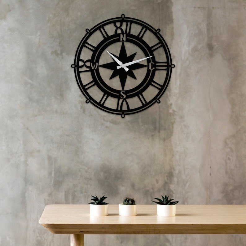 Compass Metal Wall Clock Laser Cut Metal Wall Art Home Etsy