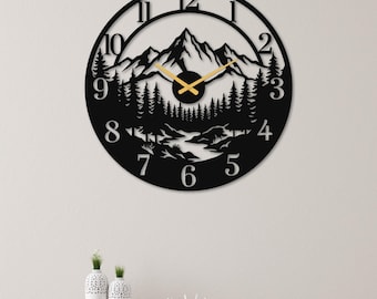 Mountain and Forest Metal Wall Clock, Nature Inspired Home Decor, Large Silent Clock
