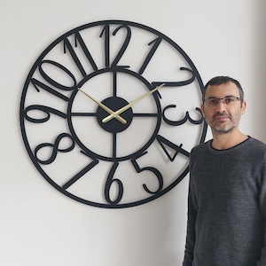 Stor väggklocka i metall, 40" minimalistisk laserskuren klocka med siffror, modern tyst klocka