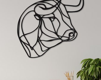 Bull Head Metal Wall Art: Line Drawing Ready to Hang Wall Decor