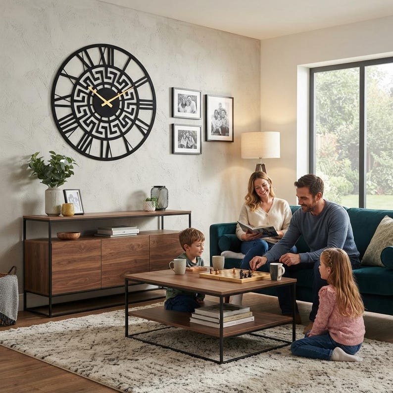 Large Meander metal wall clock featuring an ancient Greek key pattern, modern black steel wall art decor hanging above a family in a contemporary living room.