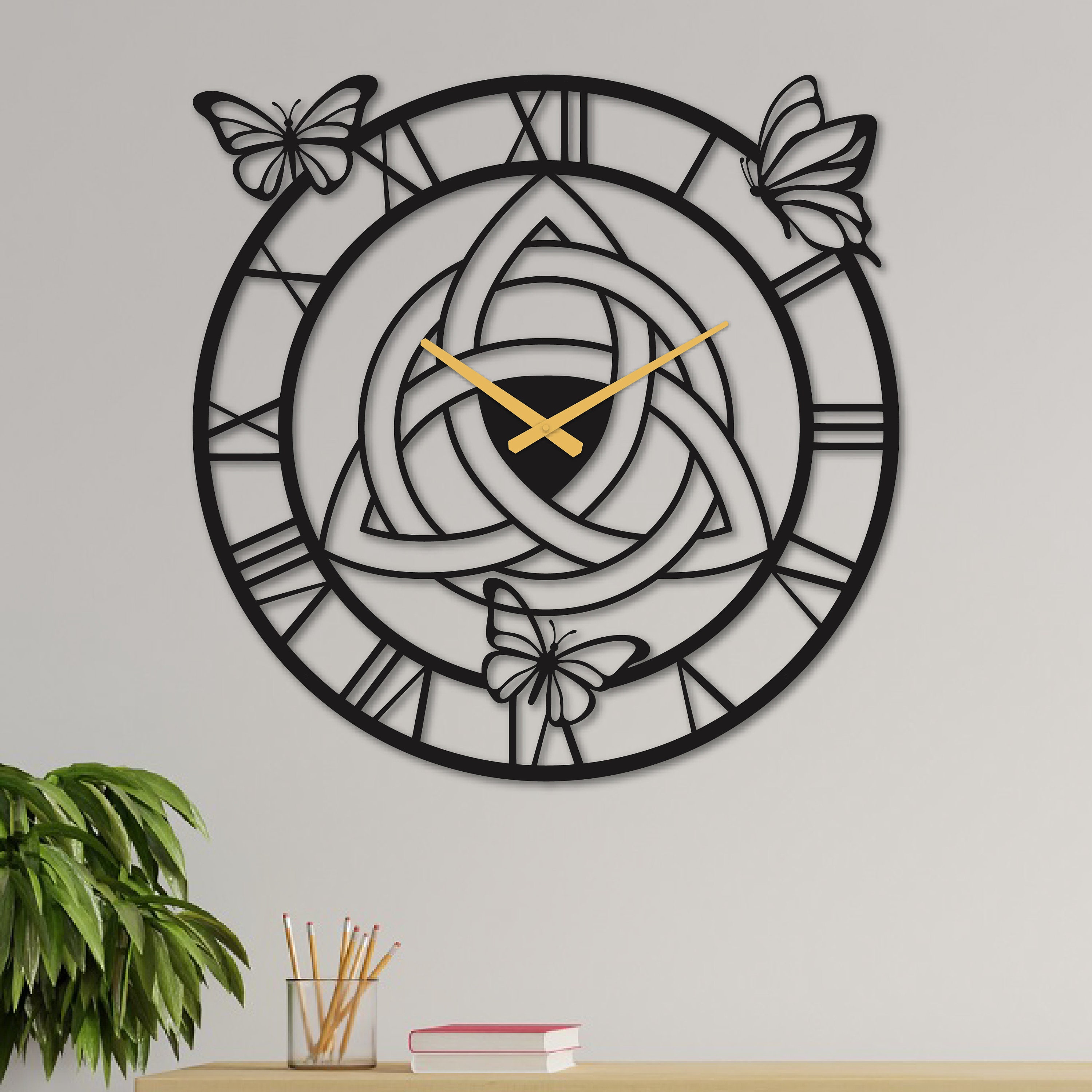 Triquetra Metal Wall Clock with Butterflies: Nordic Viking Decor from Trinity Sign
