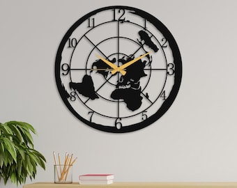 Flat Earth Metal Wall Clock: Azimuthal World Map Decor Made of Iron Sheet