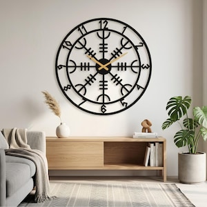 Reloj de pared metálico con forma de Yelmo del Terror, letrero de Aegishjalmur, regalos vikingos, arte mural de mitología nórdica.