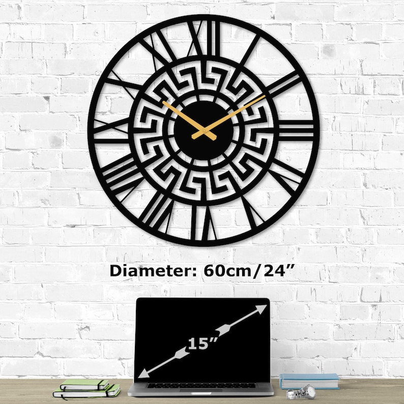 Meander Metal Wall Clock Sturdy Iron Sheet Greek Key Pattern, Meandros Wall Art Wall Decoration for Living Room, Medieval Home Decor, 60 cm