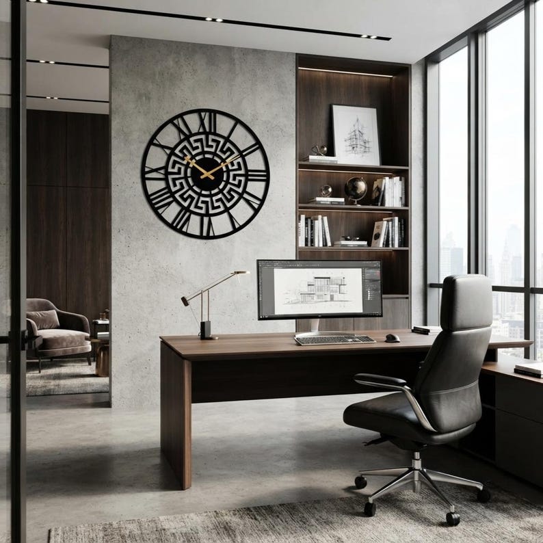 Large Meander metal wall clock featuring an ancient Greek key pattern, modern black steel wall art decor hanging in a professional executive office.