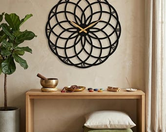 Reloj de pared metálico con geometría sagrada, decoración artística con diseño de toroide, regalo minimalista para amantes del yoga.