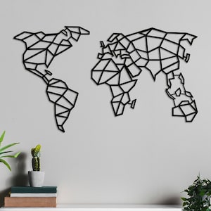 Mapa del mundo de metal, decoración geométrica de pared, hecho de chapa de hierro resistente de 2 mm (0,08") de grosor, arte de pared extragrande, listo para colgar, regalo para la oficina.