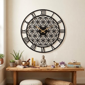 Metalen wandklok Flower of Life met Romeinse cijfers: wanddecoratie heilige geometrie