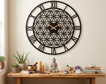 Reloj de pared metálico Flor de la Vida con números romanos: Decoración de pared con motivos de geometría sagrada