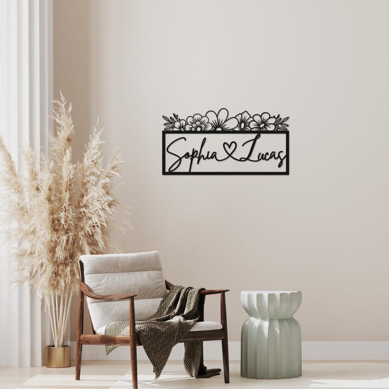 Personalized Couple Name Sign: Flowers Detailed Heart Love Sign Made of ...