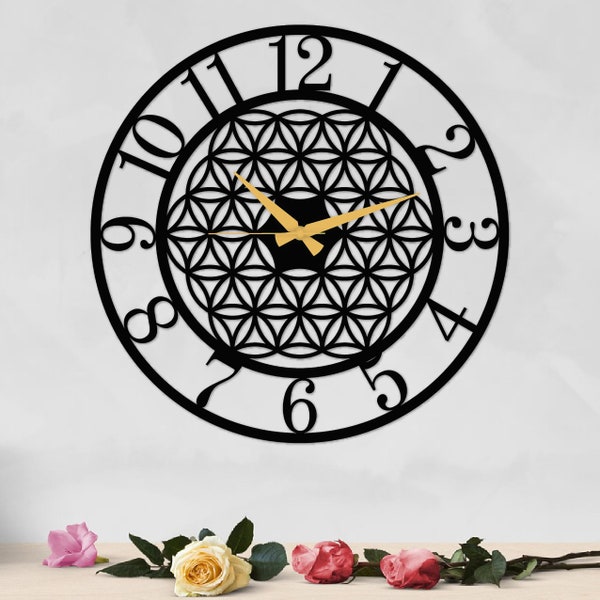 Clock of Life - Flower of Life Metal Wall Clock, Sacred Geometry, Laser cut Metal, Office Wall Art, Geometric Design Decorative Clock, Gift