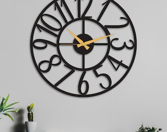 Metal Wall Clock with Numbers: Silent & Modern Decor for Interiors, Large Living Room Art
