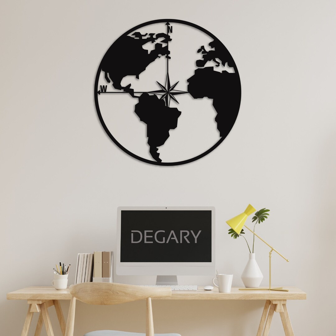 Metal World Map Wall Art With Compass: Iron Earth Decor for Study Room ...