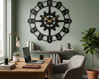 Industrial Gear Metal Wall Clock, Laser Cut Home & Office Decor, Large Steampunk Wall Art