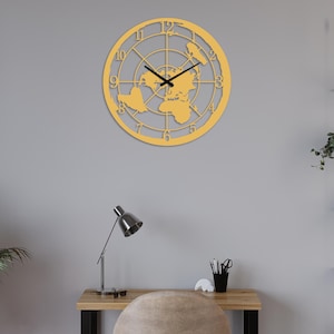 Horloge murale en métal doré, décoration murale carte de la Terre plate pour cadeau, feuille de fer découpée au laser, grande taille disponible, art mural bureau, enseigne murale azimutale