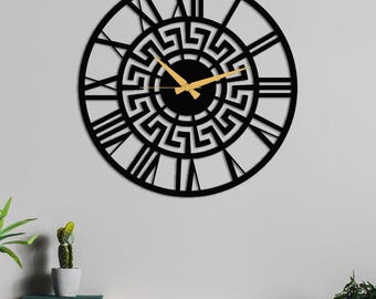 Meander Metal Wall Clock, Ancient Greek Key Patterned Decor, Modern Home & Office Wall Art