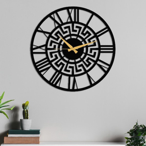Meander Metal Wall Clock, Ancient Greek Key Patterned Decor, Modern Home & Office Wall Art