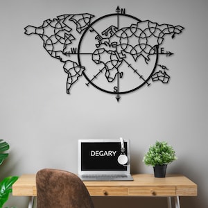 Mapamundi de metal con brújula - Patrón geométrico histórico - Arte mural de metal cortado a láser - Lámina de hierro resistente - Listo para colgar - Regalo para la oficina