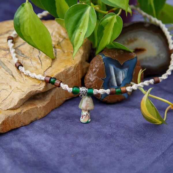 Brown & Green Magic Mushroom Hemp Necklace/ Groovy Mushroom Necklace/ Hippie, Boho, Bohemian