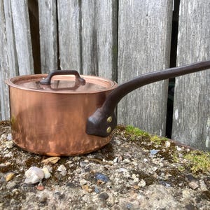 May include: A copper pot with a lid and a dark brown wooden handle. The pot is sitting on a mossy rock.