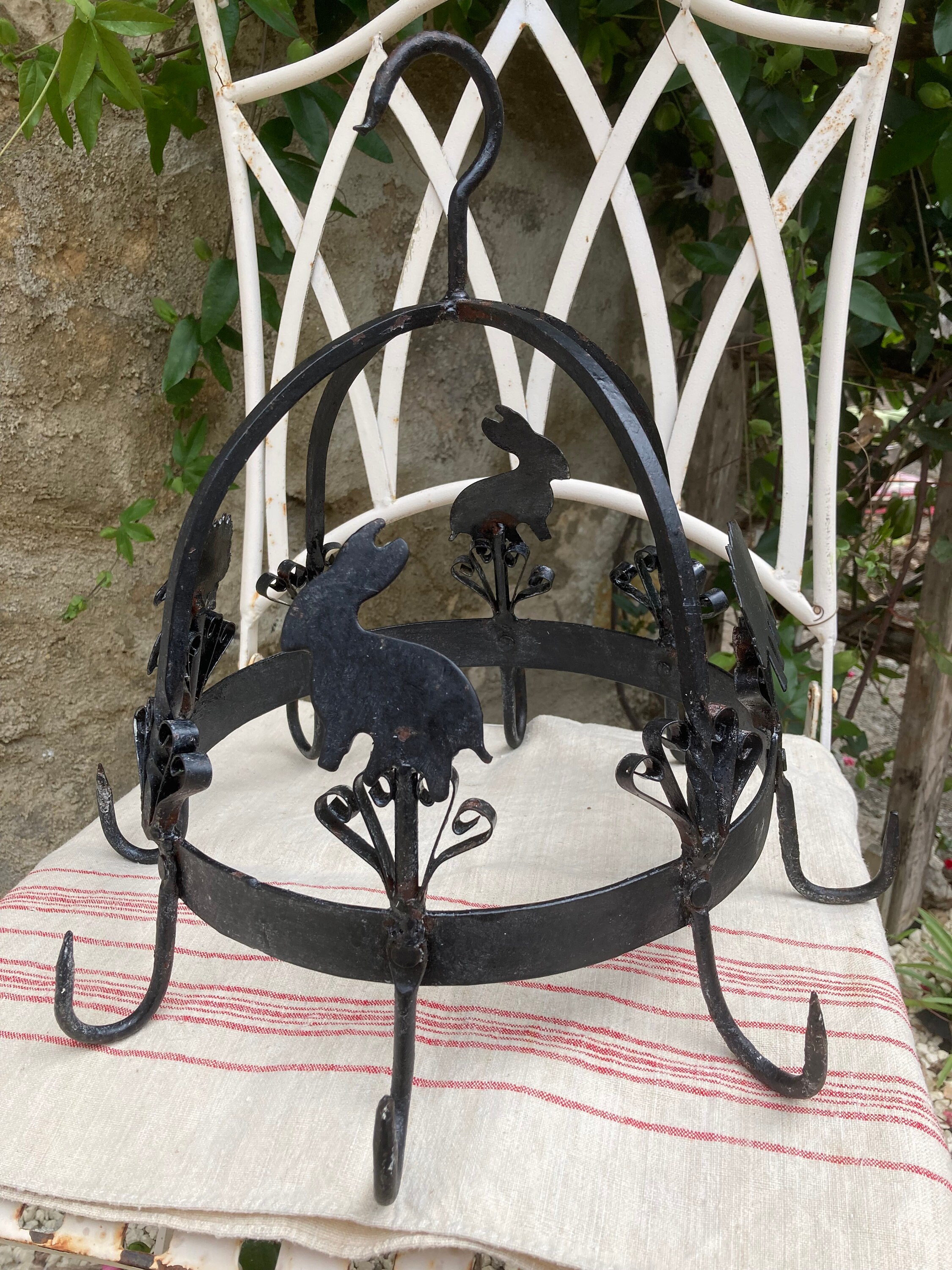 French Vintage Wrought Iron Hanging Rack for Pots, Pans, Utensils, or ...
