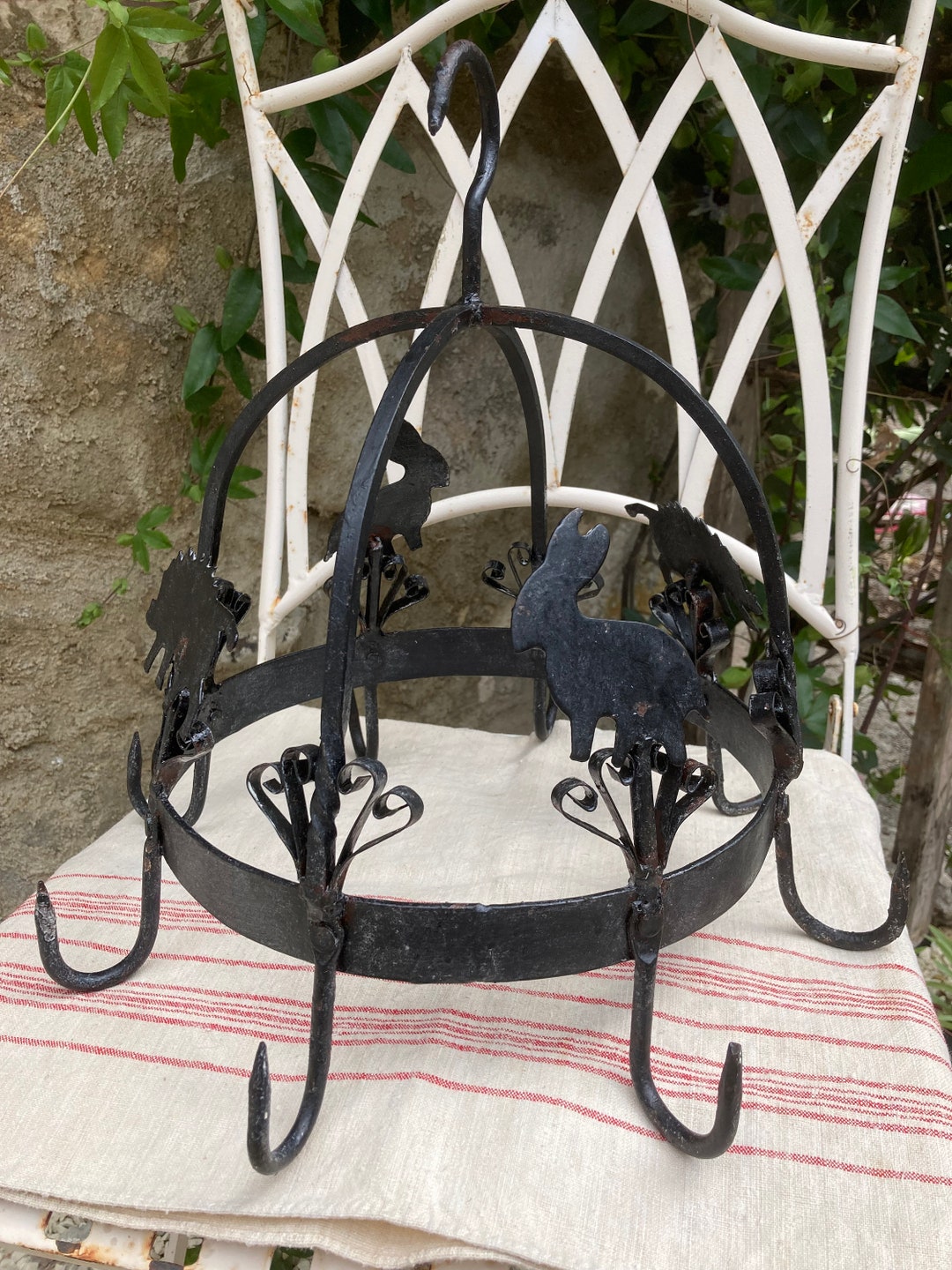 French Vintage Wrought Iron Hanging Rack for Pots, Pans, Utensils, or ...