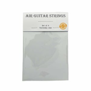 May include: A white plastic bag with a label that reads "Air Guitar Strings" and "Set of 6 Universal size". A gold sticker with the text "Lifetime Warranty" is on the upper right corner of the label.