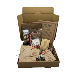 Caja de Nochebuena personalizada llena de llave mágica de Papá Noel, sopa de muñeco de nieve, comida de reno, Believe, Polar Express, campana, carta de Papá Noel