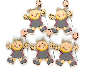 5 x Wooden Girl with Balloon Embellishments Toppers Craft Flatbacks Scrapbooking