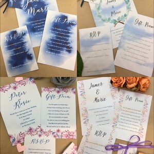10 x invitations de mariage personnalisées, réception, RSVP et cartes d'informations, poème cadeau pli de poche
