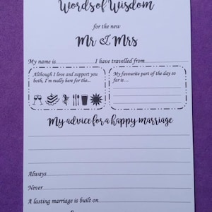 12 x Words of Wisdom Card Game Quiz for the Bride and Groom Fun Activity